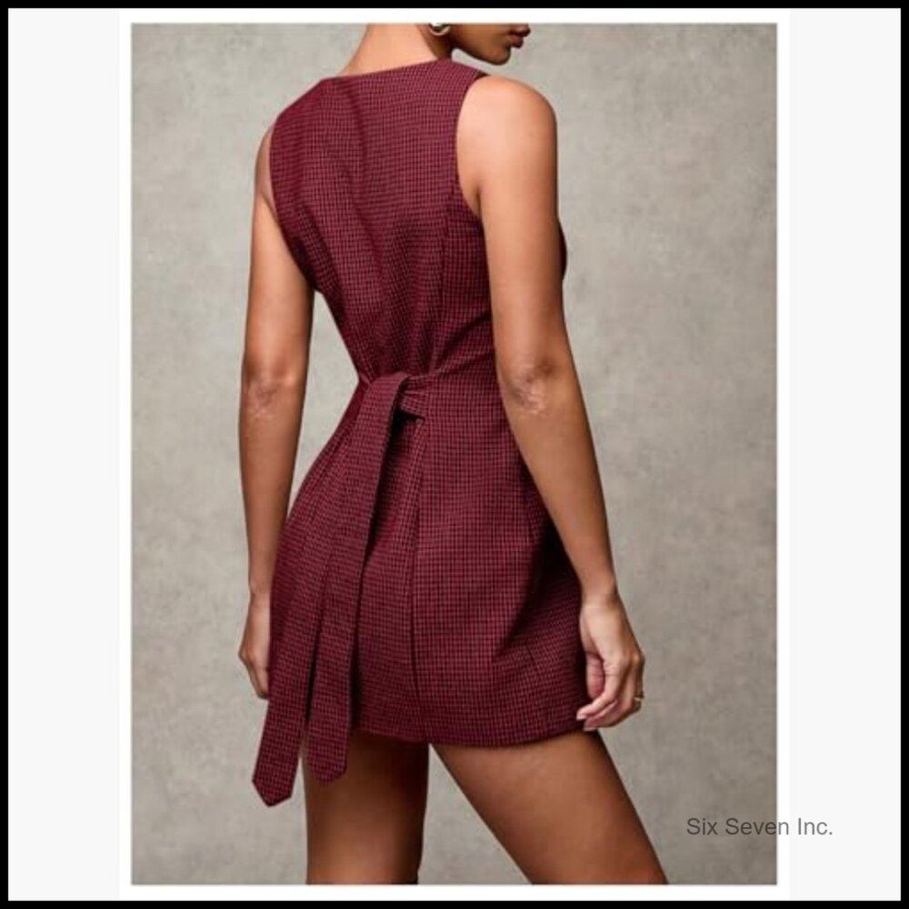 Polyester Blend Plaid Button Down Dress Sleeveles… - image 2